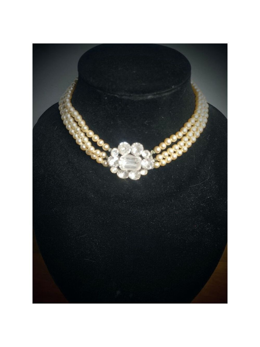 Antique Women's 3 Strand Cream Faux Pearl and Rhinestone Choker Necklace -1920s
